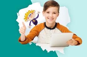chlopiec trzymajacy test na tle mapy polski